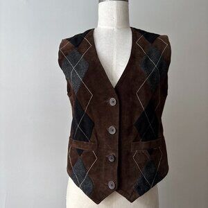 2/$40  1990s Suede & Wool Argyle Vest | Vintage Brown Vest